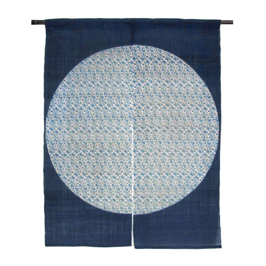 Japanese Curtain (Noren) / Ramie / Circle-Flower-Arabesque / Navy / W90xH120cm