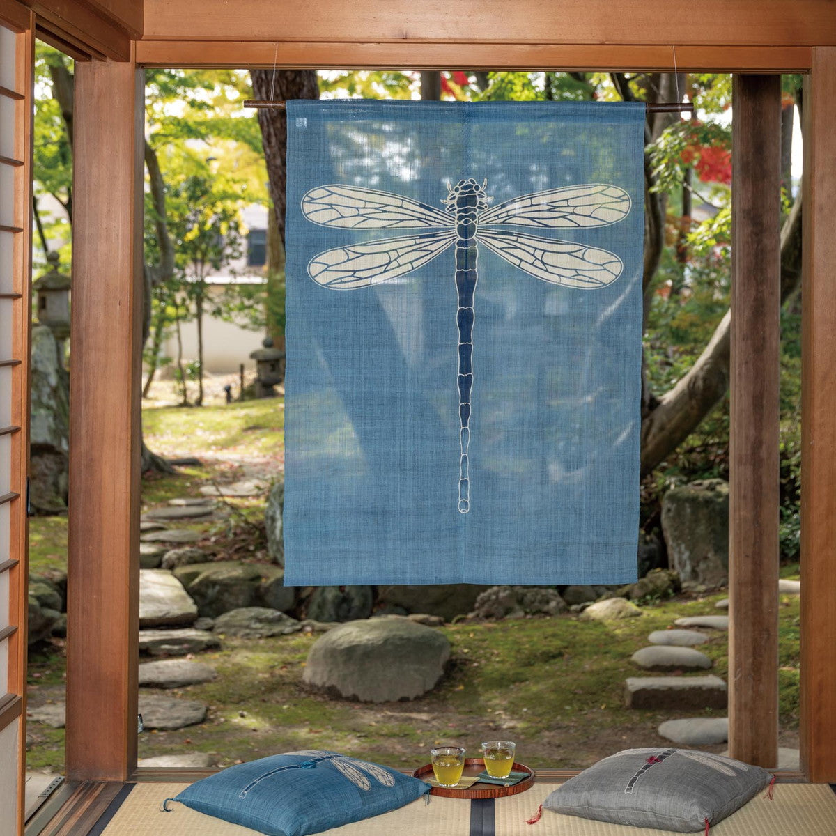 Japanese Curtain (Noren) / Ramie / Dragonfly /  Blue  / W90xH120cm
