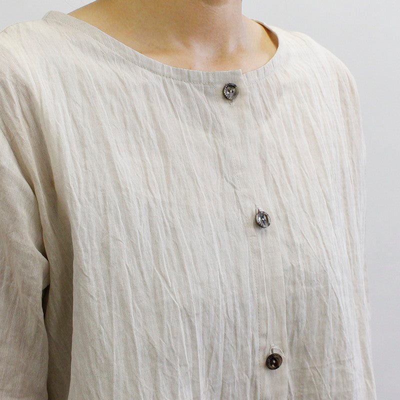 Chijimi No Collar Long Jacket / Ramie / Light Beige