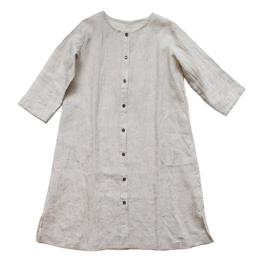 Chijimi No Collar Long Jacket / Ramie / Light Beige