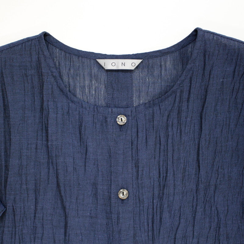 Chijimi No Collar Long Jacket / Ramie / Navy