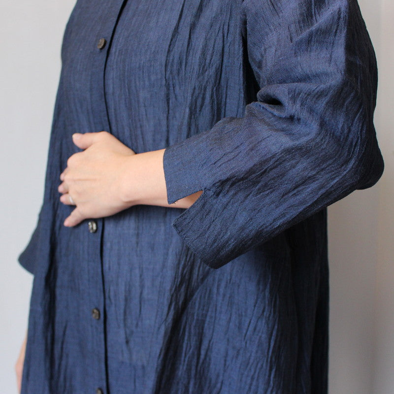 Chijimi No Collar Long Jacket / Ramie / Navy