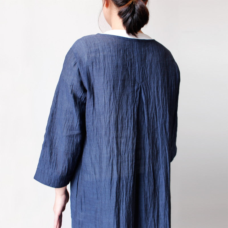 Chijimi No Collar Long Jacket / Ramie / Navy
