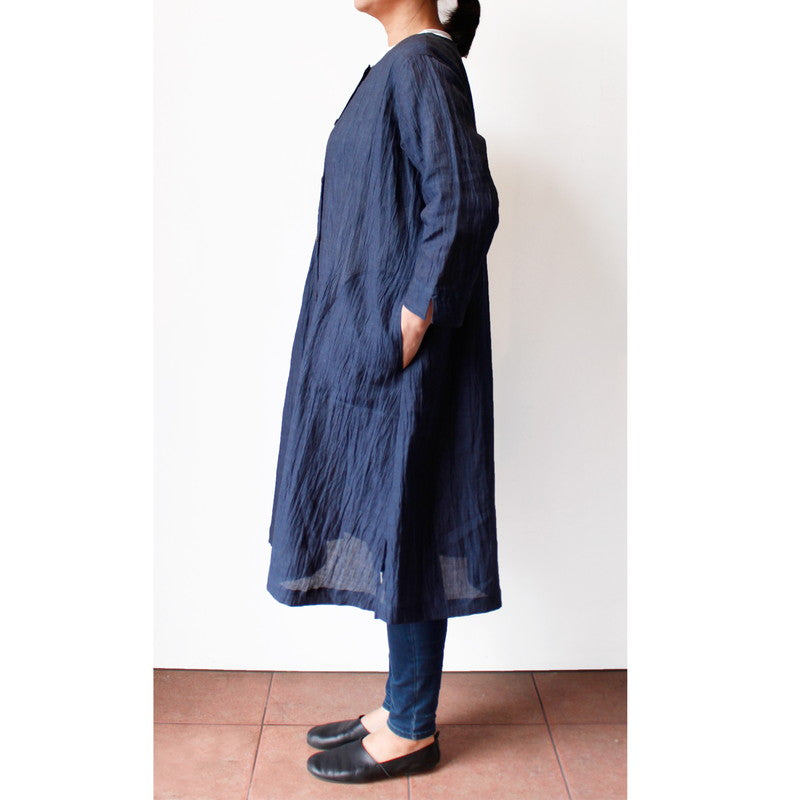 Chijimi No Collar Long Jacket / Ramie / Navy