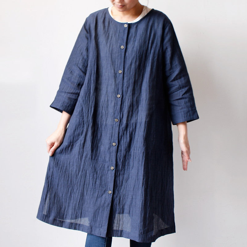 Chijimi No Collar Long Jacket / Ramie / Navy