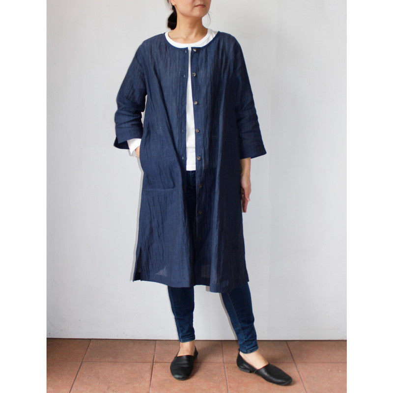 Chijimi No Collar Long Jacket / Ramie / Navy