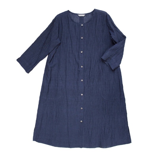 Chijimi No Collar Long Jacket / Ramie / Navy