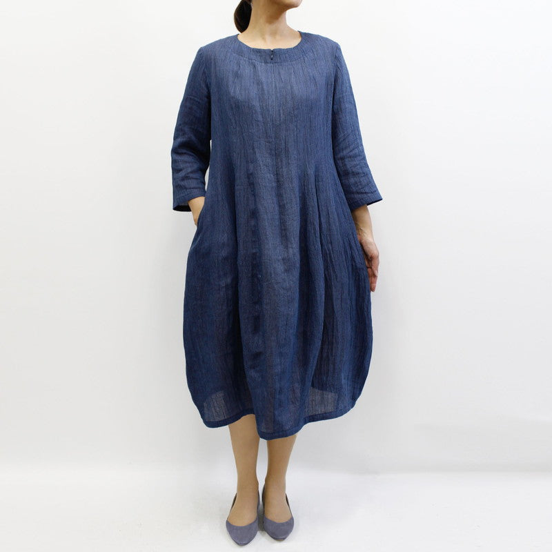 Chijimi Balloon Dress / Striped Pattern / Navy