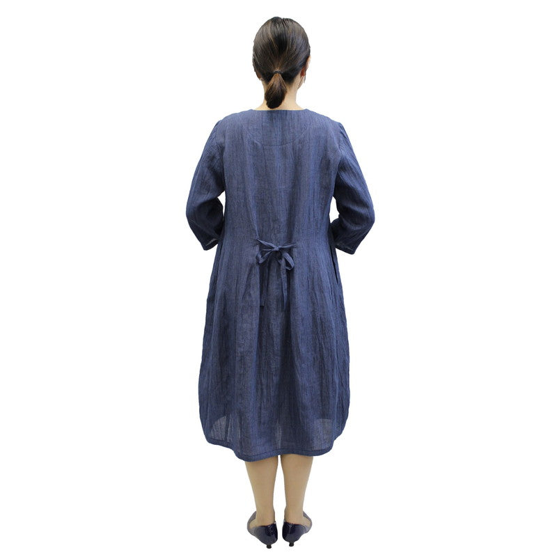 Chijimi Balloon Dress / Striped Pattern / Navy