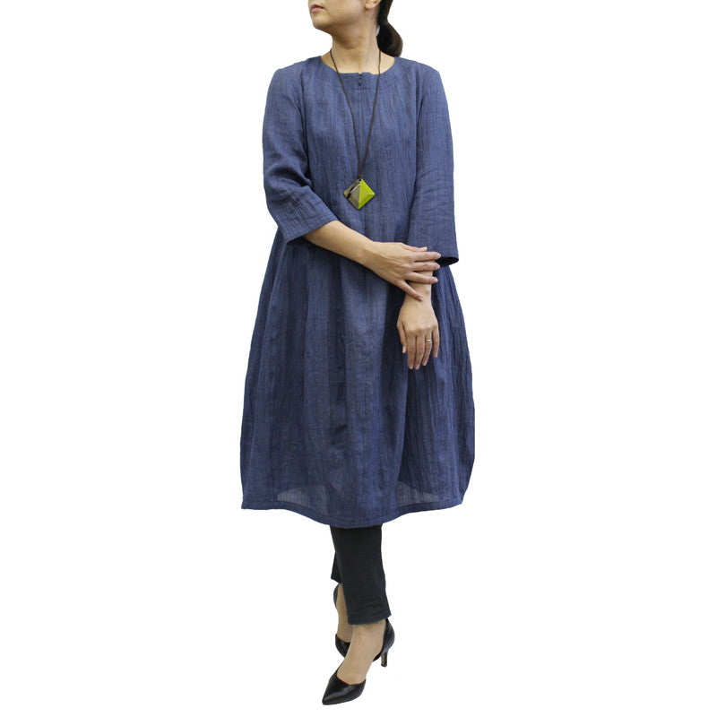 Chijimi Balloon Dress / Striped Pattern / Navy