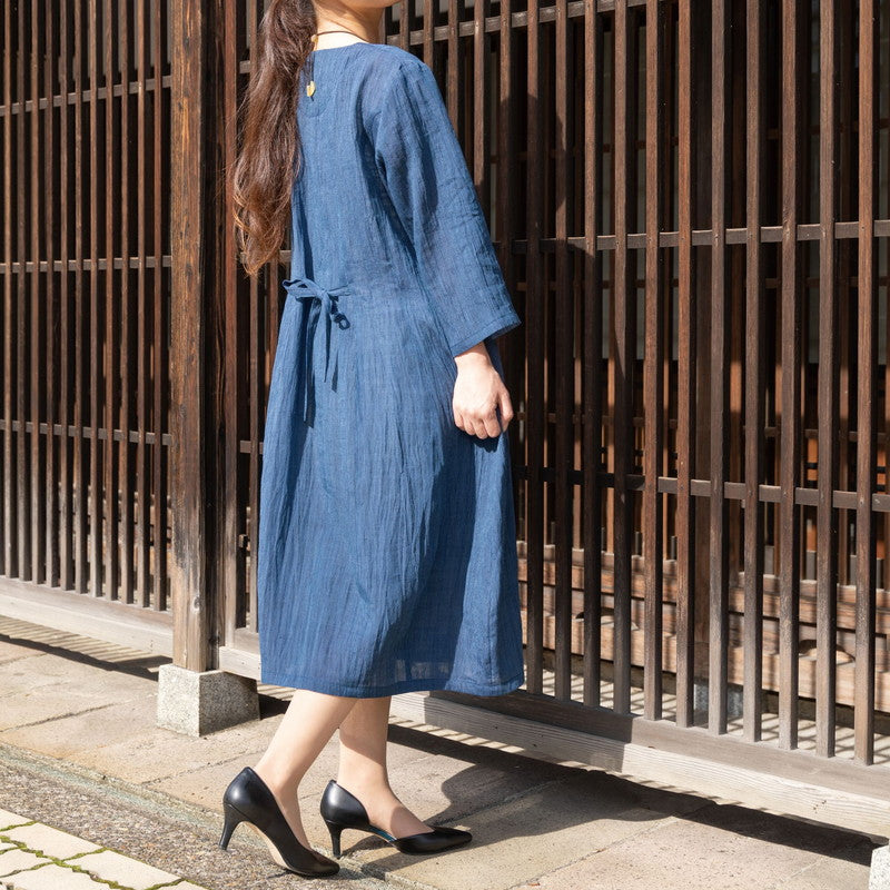 Chijimi Balloon Dress / Striped Pattern / Navy
