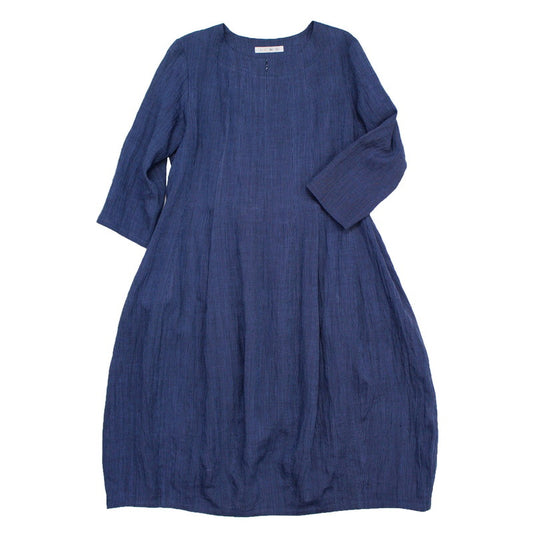 Chijimi Balloon Dress / Striped Pattern / Navy