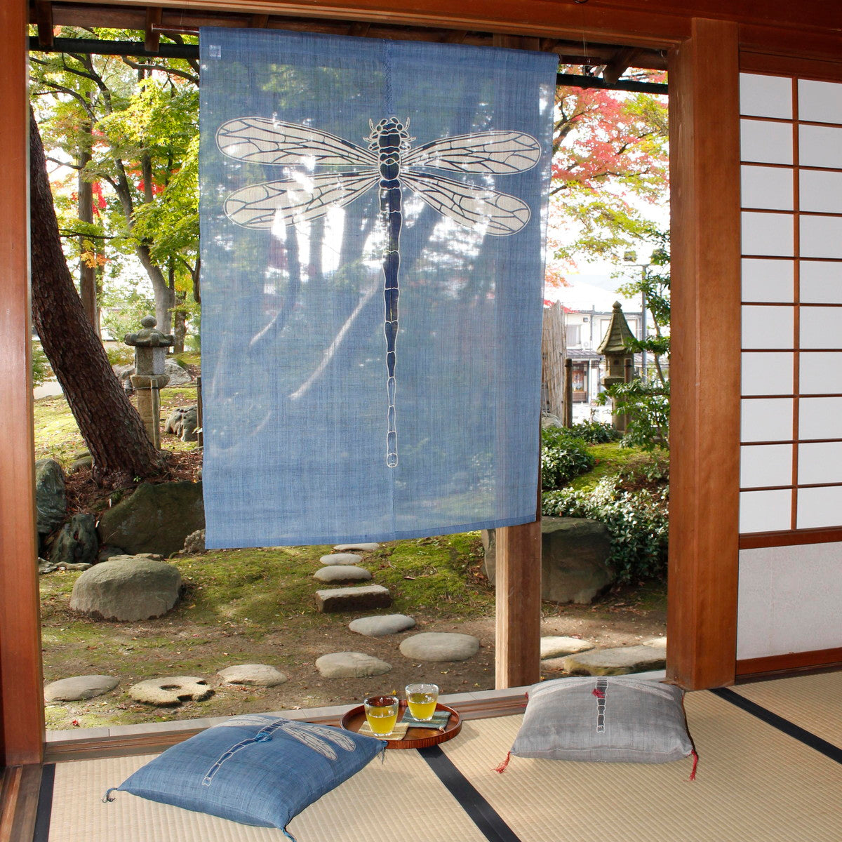 Japanese Curtain (Noren) / Ramie / Dragonfly /  Blue  / W90xH120cm