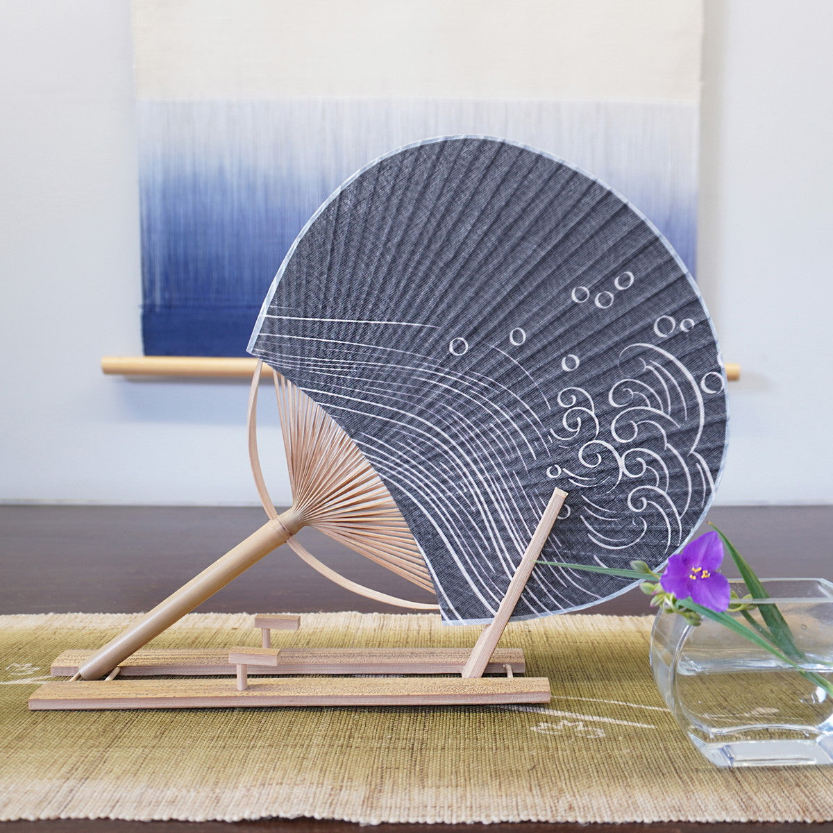 Japanese Uchiwa Fan / Ramie / Black Seigaiha / W28xH40cm