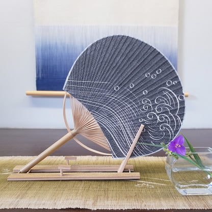 Japanese Uchiwa Fan / Ramie / Black Seigaiha / W28xH40cm