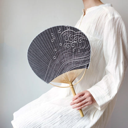 Japanese Uchiwa Fan / Ramie / Black Seigaiha / W28xH40cm